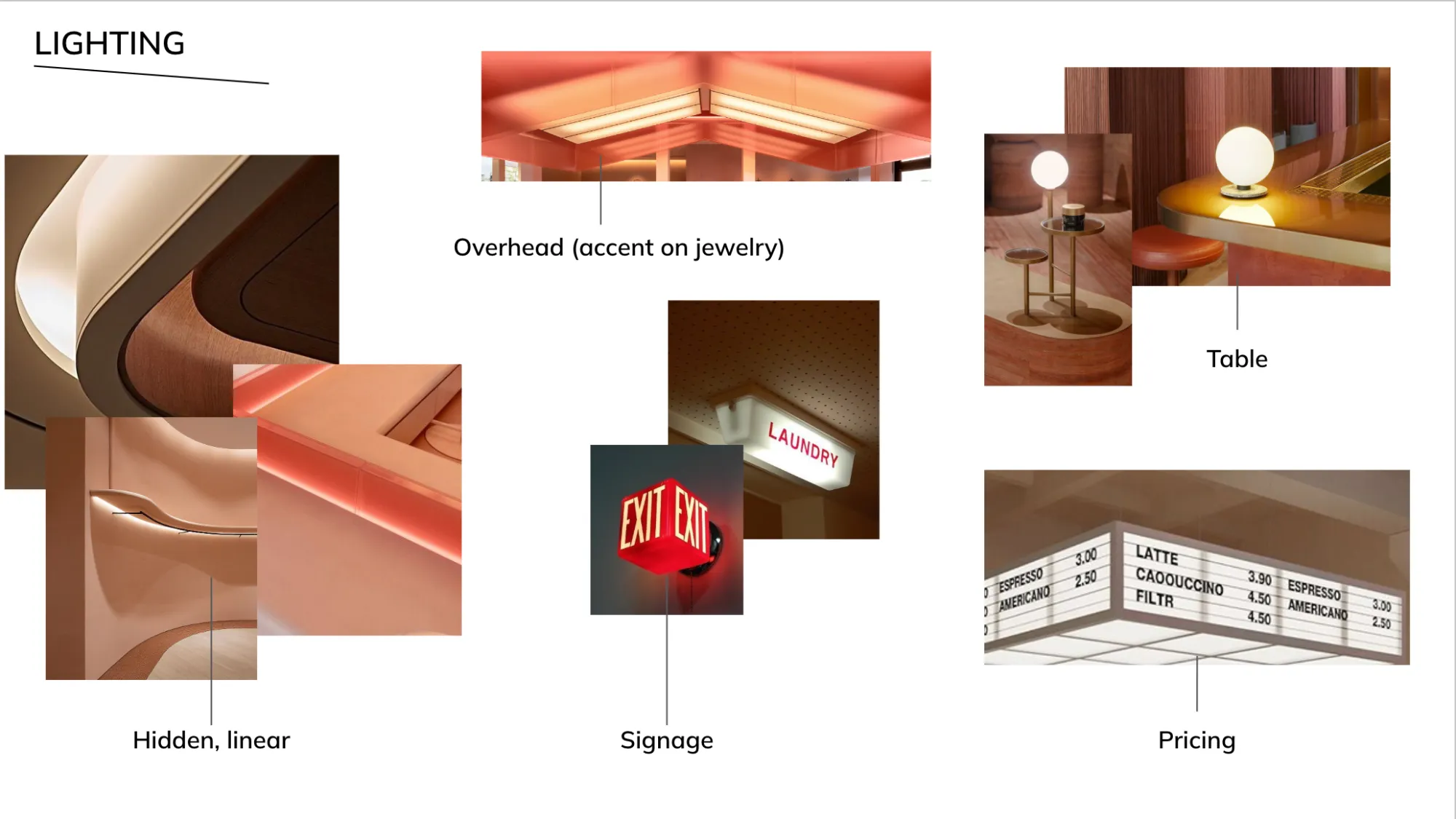 Lighting board with hidden linear lights, signage and pricing details