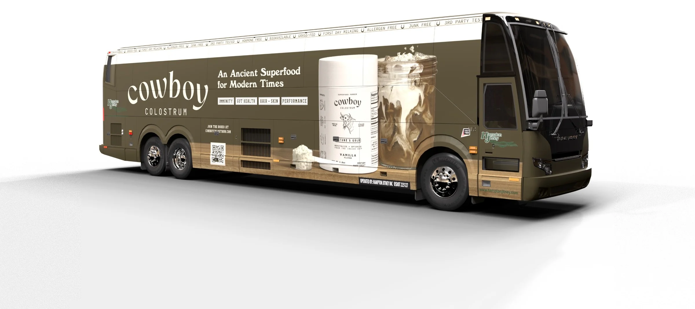 Cowboy Colostrum coach wrap, three-quarter render