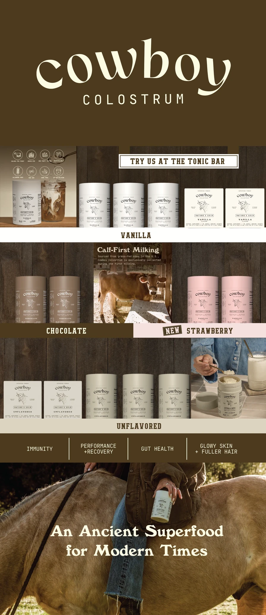 Final narrow end-cap artwork for Cowboy Colostrum: wordmark header, ‘Try us at the tonic bar’, vanilla, chocolate, strawberry and unflavored shelves, and a ranch photograph at the base