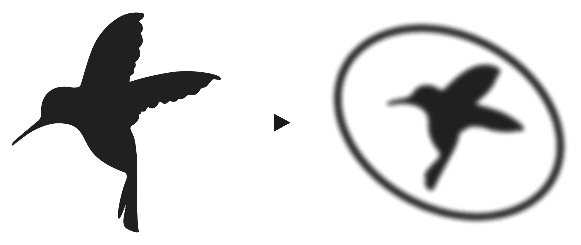 HUM bird mark before and after: a detailed bird simplified into a soft, shadow-like mark in an oval