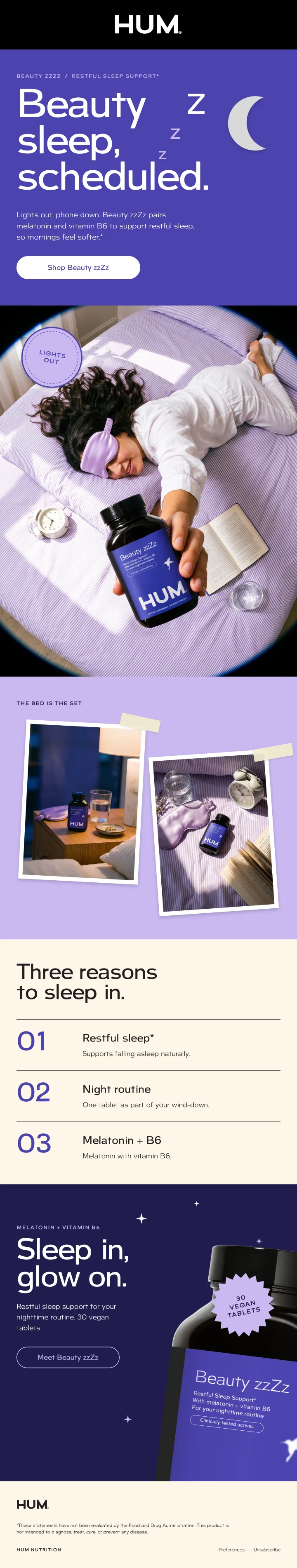 Beauty zzZz launch email: Beauty sleep, scheduled, a bedroom hero, an offset pair and a night routine list