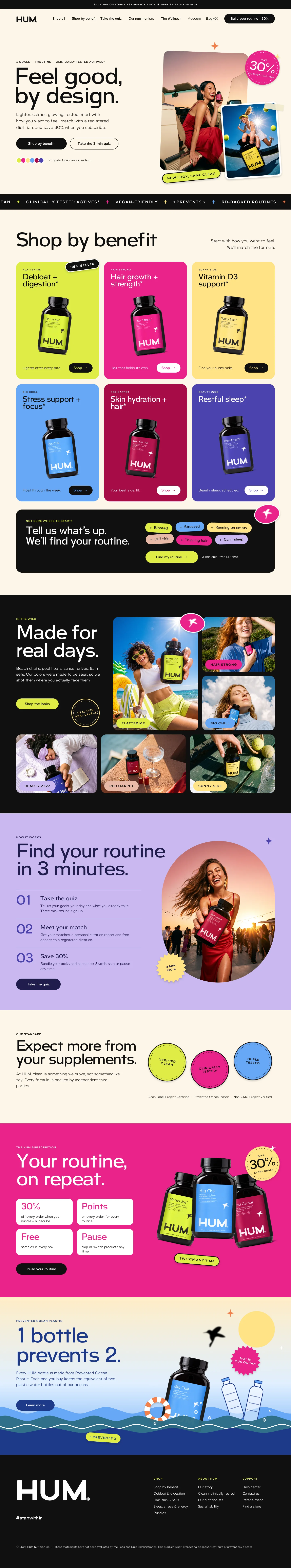 HUM homepage concept: a Feel good, by design hero, then Shop by benefit cards for six formulas and the rest of the homepage