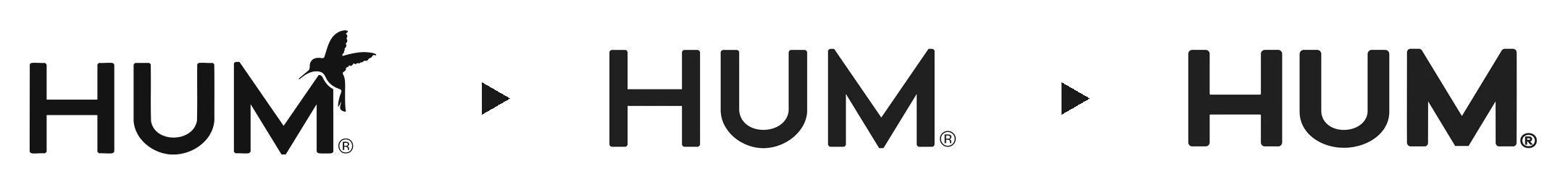 HUM wordmark before and after: the bird lifted off the letters, the wordmark redrawn heavier