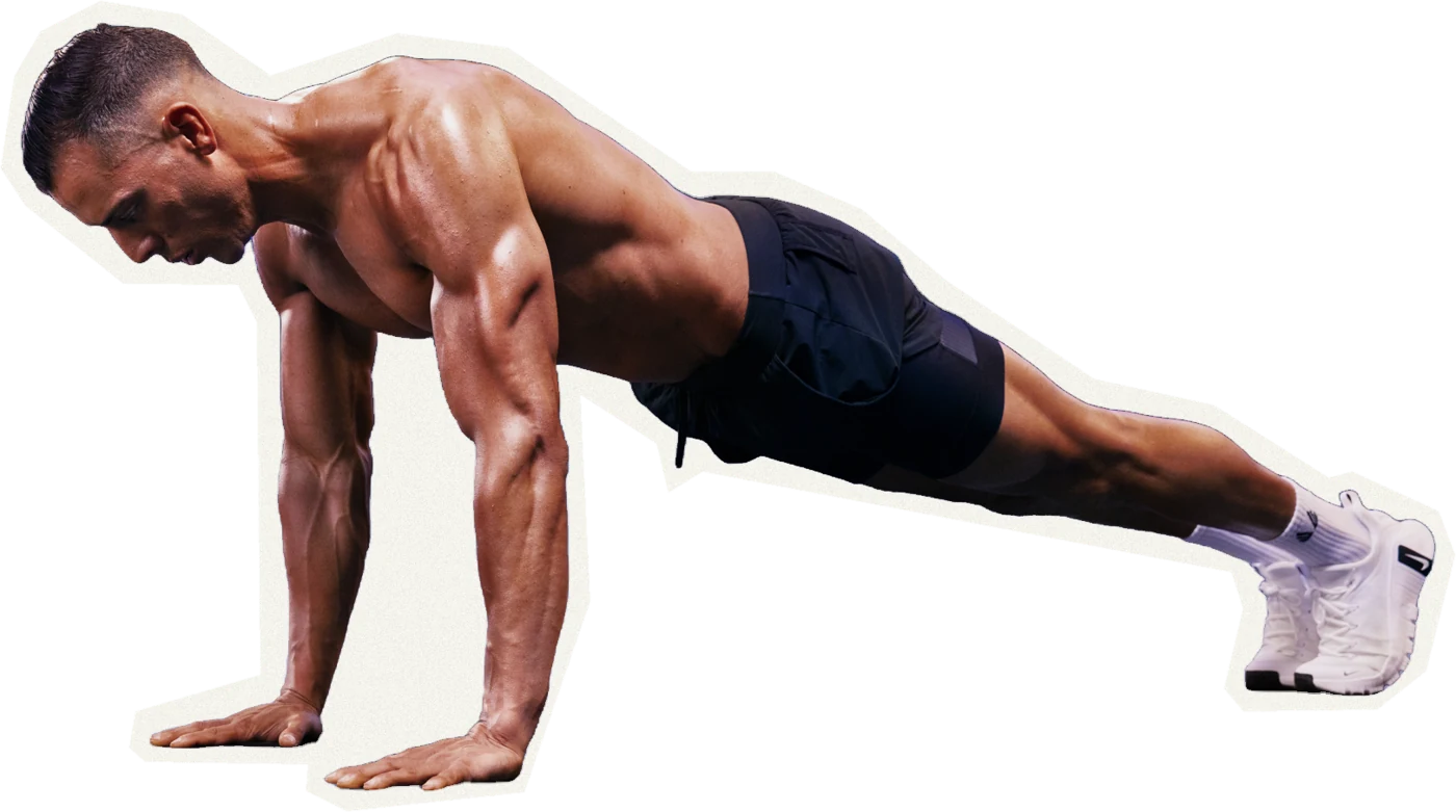 Paper cut-out of the P90X trainer in a high plank