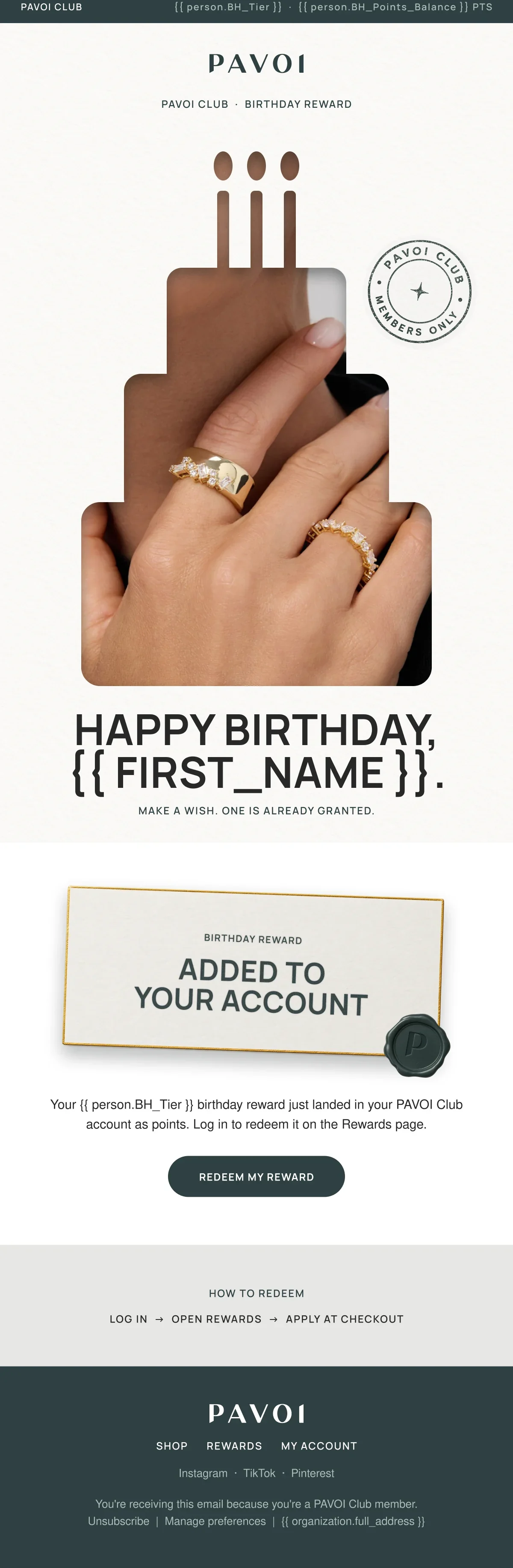 PAVOI Club birthday reward email, full length