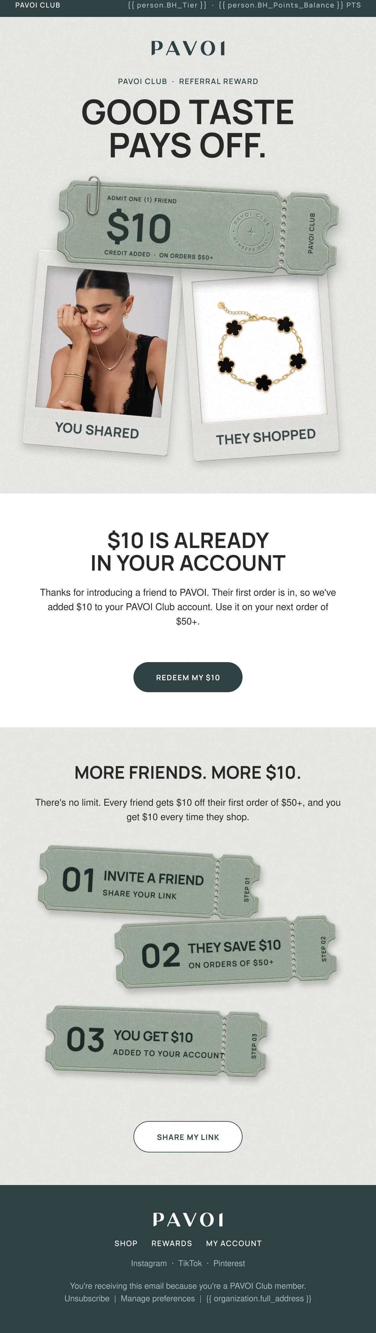 PAVOI Club referral sender email, full length